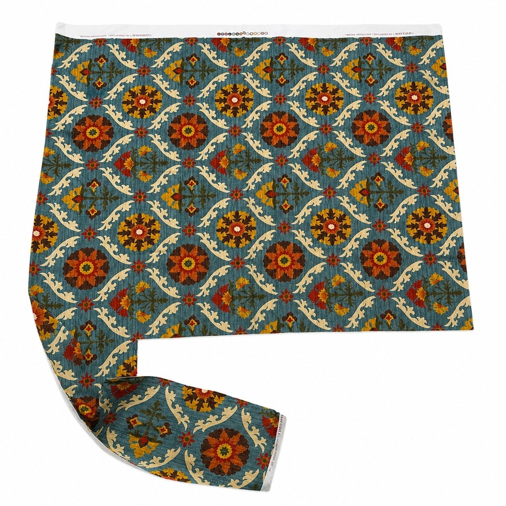 Waverly Mayan Medallion Upholstery Fabric Remnant Floral Teal Orange Red 1.5 Yd